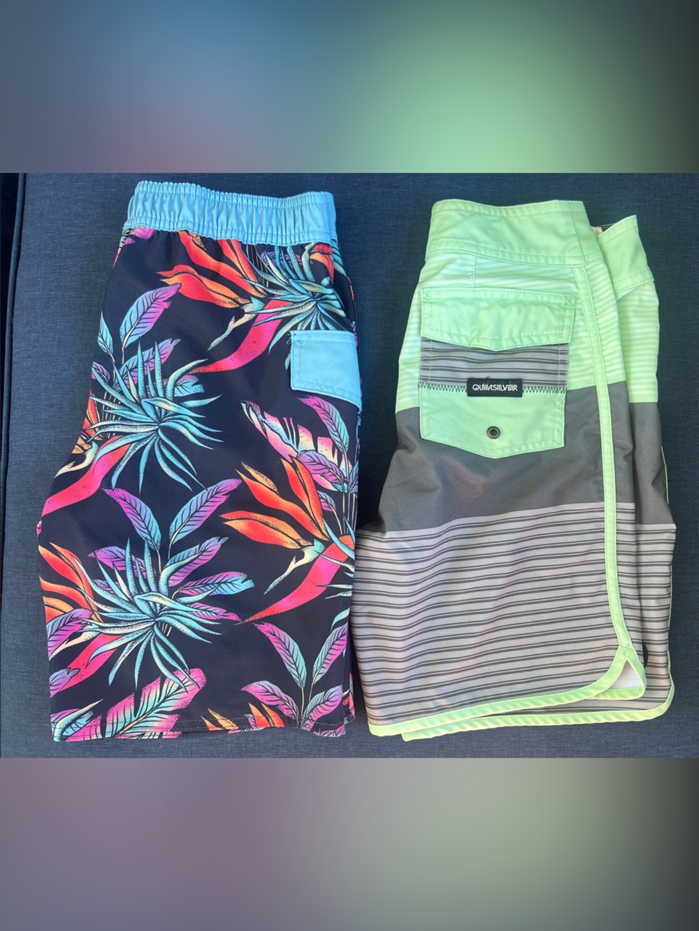 Quiksilver and Volcom Boys' Navy Tropical Print & Mint Green Swim Shorts Set